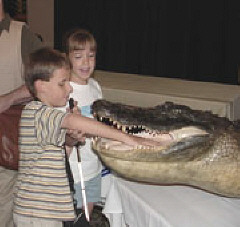 Kirt Manwaring of Utah explores the open mouth of an alligator while his sister Kelsie watches.