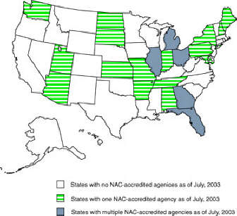 The 2003 NAC map.   The solidly filled-in states have more than one NAC-accredited agency.  Those with cross-hatching have only one, and those that are completely fill-free enjoy a NAC-free environment