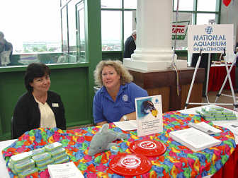 Bililynn Savage, Special Customer Liaison and Christine Bradley,Special Groups Market Manager, from the National Aquarium sit at their exhibit table.   The Byrd Street balcony and window are visible behind them.  They attended the senior fair to sign up senior volunteers and explain their just announced audio wireless tour for blind and visually impaired aquarium visitors.  On the table are frisbees, a stuffed dolphin, and fact sheets.