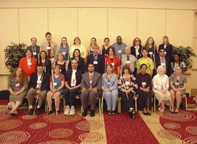 The scholarship Class of 2004:(left to right) back row: Darrel Kirby, Kagan Nuss, Domonique Lawless, Stephanie Brown, Amelia Cavallo, April Davis, Doronne Walker, Lynn Heitz, Lindsey Palumbo, and Laurel Henry: middle row: Sharon Giovinazzo, Yolanda Garcia, Amber Chesser, Kallie Smith, Nicholas Hoekstra, Tai Tomasi, Jerry Rodabaugh, Victor Wong, Ricardo Flores, and Rebekah Blackburn; front row: Lia Jacobsen, Thomas Page, Reanne Tangedal, Monty Anderson, Ahmed Salem, Mary Jo Thorpe, Caitlin Snyder, Lili Stansberry, Stephanie Hirst, and Rachel Werner.