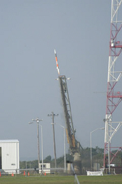 The NFB/NASA rocket lifted off at 8:33 a.m. on August 19, 2004, with a full-color Whozit decal affixed to its outer skin.  Whozit soared to a height of 4,902 feet, and all the experiments worked flawlessly.   Unfortunately one of the rocket's parachutes did not open as planned, so the rocket broke apart when it hit the water.   Everything was recovered except the payload section of the rocket. The recovered sections will be put on display at the NFB Jernigan Institute along with a model of the original rocket.