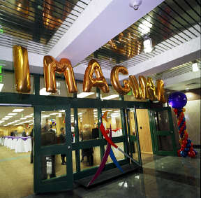Library entrance atrium with Imagine balloons above Whozit (cemtered)
