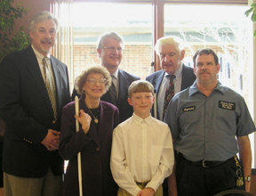 Back Row: Bill Daugherty, superintendent of the school for the blind; Andy Tompkins, commissioner of education; and Dick Edlund.   Front row: Carol Clark, president of the Johnson County chapter of the NFB; Matt Rayburn; and Raymond Peed.