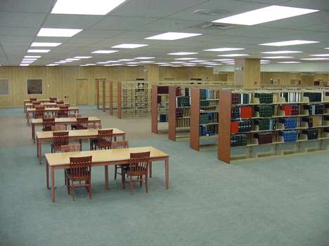 Visible in this picture are library tables and stacks.