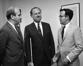 Left to right: Professor Norman Dorsen, New York University; Dr. tenBroek; and Martin Garbus, American Civil Liberties Union, met in the fall of 1967 with twenty lawyers to discuss their litigation of state welfare residence laws and to plan strategy for a United States Supreme Court test.