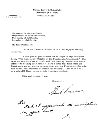 A 1964 letter from Chief Justice Earl Warren to Dr. tenBroek