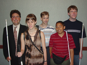Jordan Richardson (front right) hangs out with peers Alysha Jeans, Justin Harford, and Ryan Thomas, and also blind mentor, Mark Riccobono, at the 2005 convention.