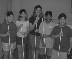 Sighted teens have fun using a cane on the Youth Scavenger Hunt.   Pictured here are )from left to right) Tracy Yeager,Michelle Povinelli. Stephanie Povinelle, Richard Solis, and Thomas Panaro.