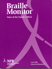 Braille Monitor cover features Whozit emblazoned upon a brilliant purple background.