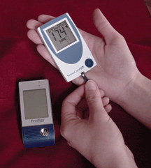 Pictured here are the SensoCard Plus (l) and Prodigy talking blood glucose monitors]