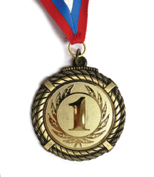 A gold medal with a number one engraved in it.