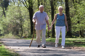 An older couple walks together on a forest path.