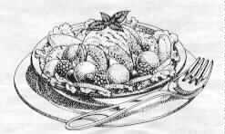 Bowl resting on a plate, containing a large vegetable salad with a fork.