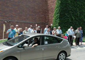 Outside the hotel at the 2006 convention Federationists gathered to listen for the passage of a hybrid car. They were instructed to raise a hand when they heard the vehicle. In this group of about twenty-five people, one person heard the car coming.