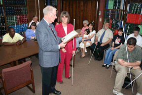 On October 1, with Louisiana Center for the Blind students and teachers looking on, NFB of Louisiana President Pam Allen accepted a proclamation designating October as Meet the Blind Month from Ruston Mayor Dan Hollingsworth. Photo provided by Nick Todaro, Ruston Daily Leader