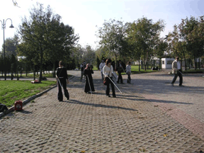 Under sleepshades all the students walked along an open path leading to the water front.