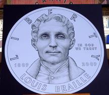 The obverse of the Louis Braille Bicentennial Silver Dollar