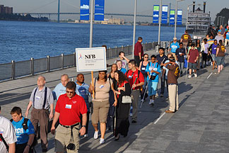 Marchers enjoy perfect weather as they stroll along the RiverWalk on their way to the rally. 