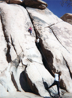 Kyra (top, age 4) rock climbs at Joshua Tree with Mom and Dad.