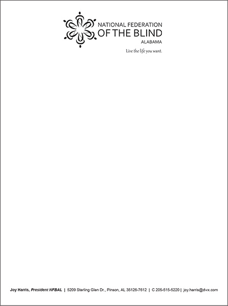 A graphic of the layout of the NFB letterhead with the logo at the top and the contact info along the bottom.
