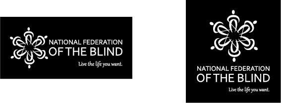 The National Federation of the Blind logo in white on a black background. Left is the rectangle logo and right is the square logo.