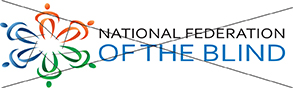 A stretched out version of the National Federation of the Blind logo with an X over it.