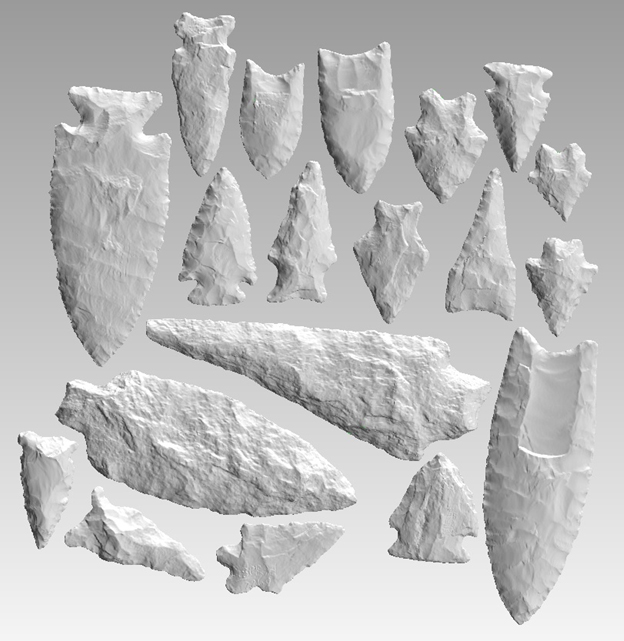 A set of 19 stone points arranged closely for
scanning by the 3-D print scanner.