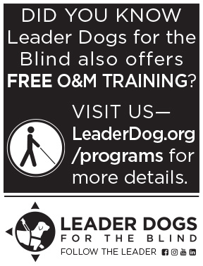 the Leader Dogs for the Blind logo, and a stick figure using a long white cane