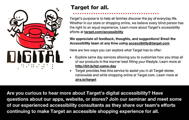 Target digital accessibility logo; cartoon people and a dog sitting on the Target bullseye
