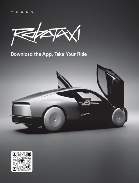 Tesla Robotaxi, and QR code to download the app
